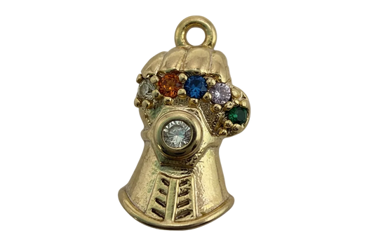 Gold gauntlet fist charm with multicolor crystals and a clear center gem