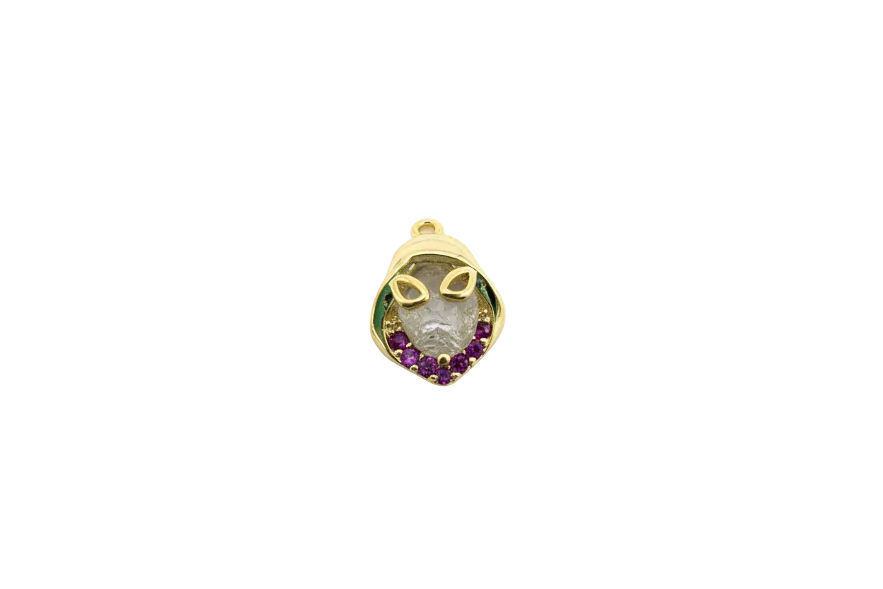 Gold cat face with clear crystal and purple stones