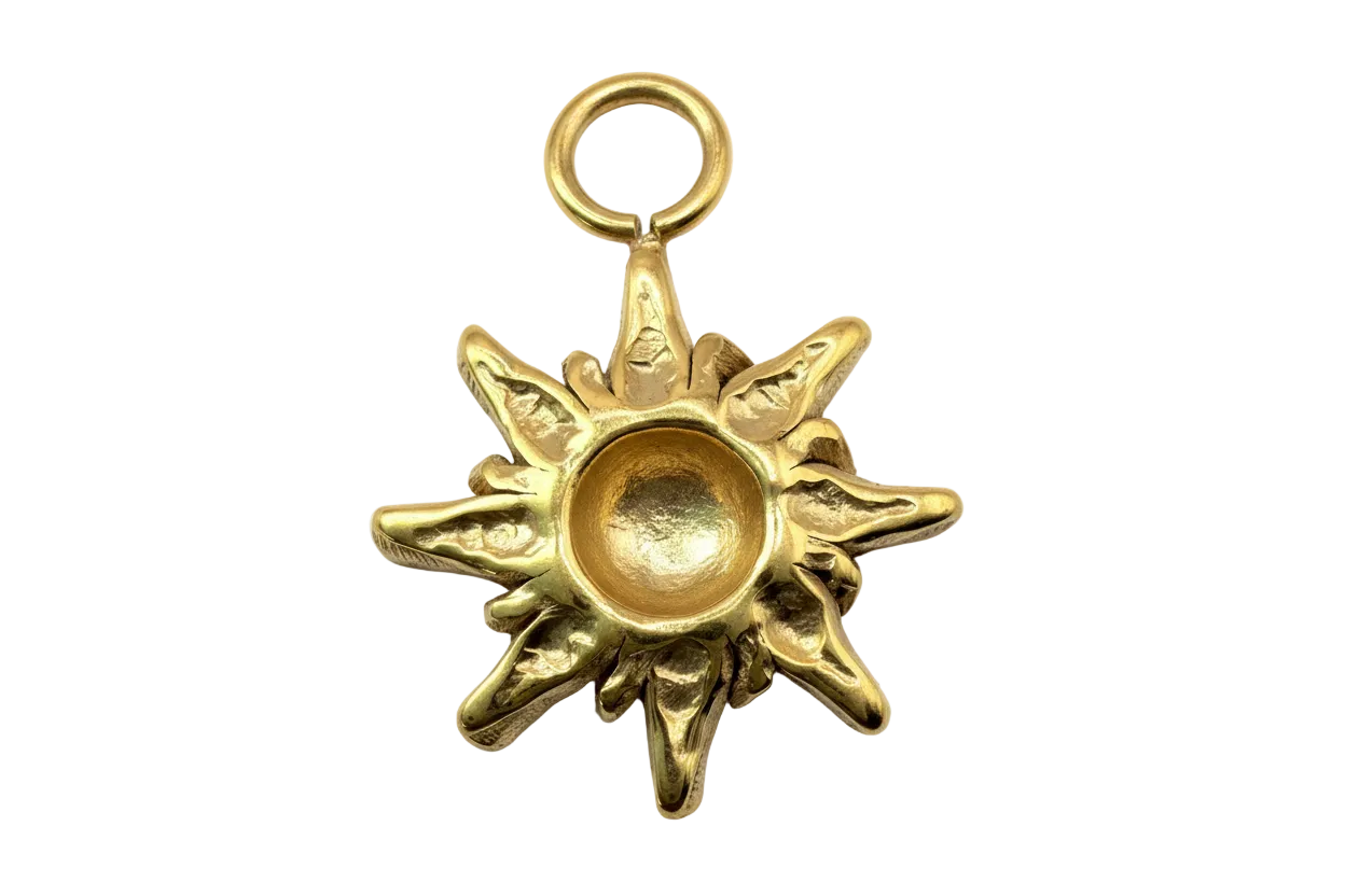 Glossy gold sunburst medallion with domed center and sculpted rays