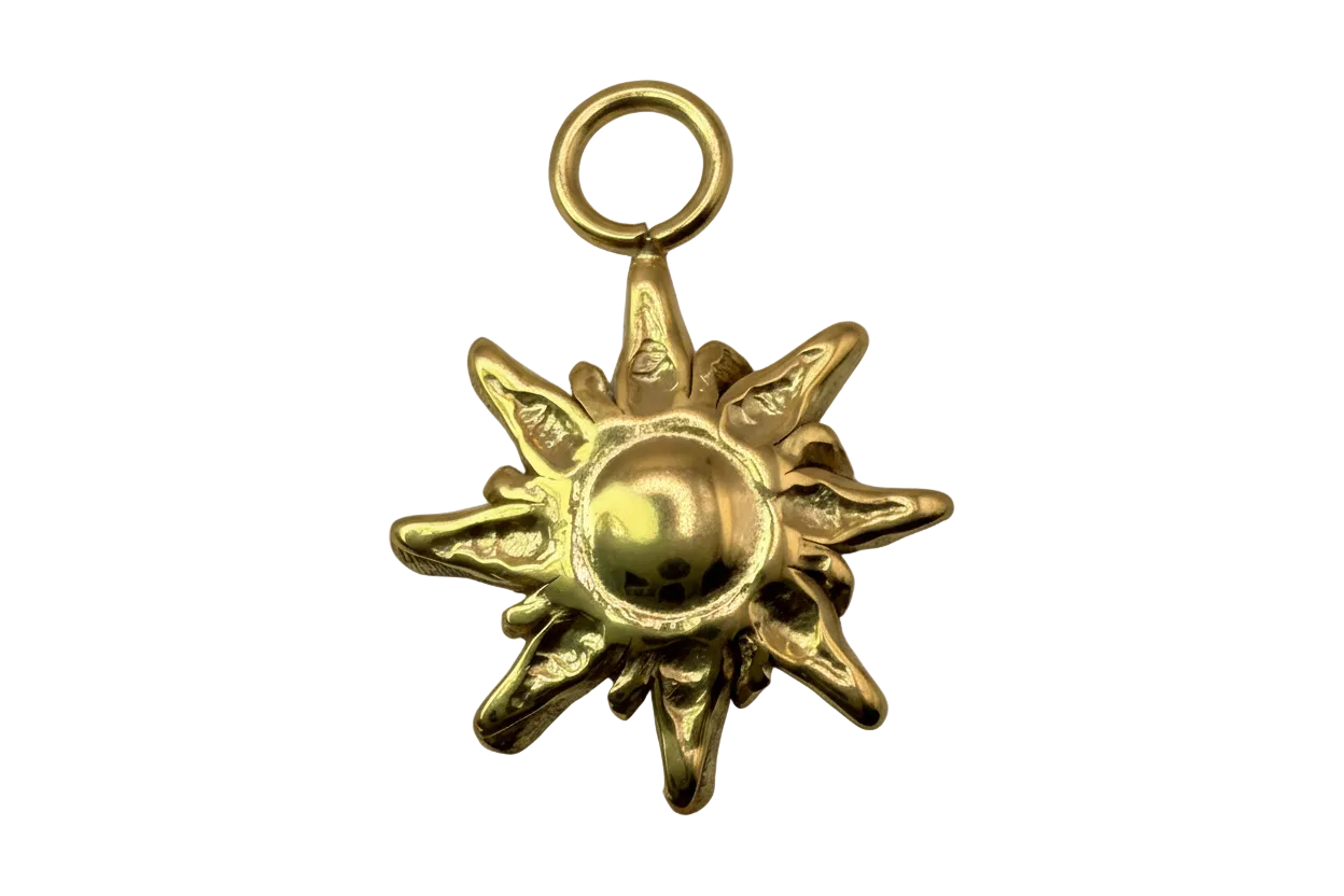 Polished gold sunburst sun pendant with raised center and textured rays