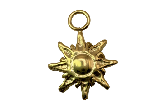 Polished gold sunburst sun pendant with raised center and textured rays