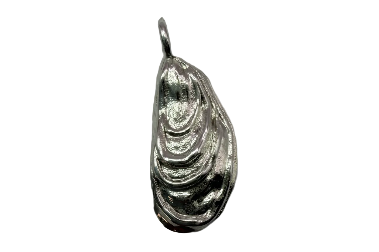 Sculpted silver teardrop with layered ripple contours and high-shine finish