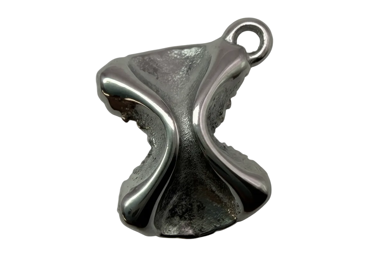 High-polish silver sculptural cross with curved arms and textured center on black background