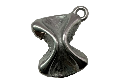 High-polish silver sculptural cross with curved arms and textured center on black background