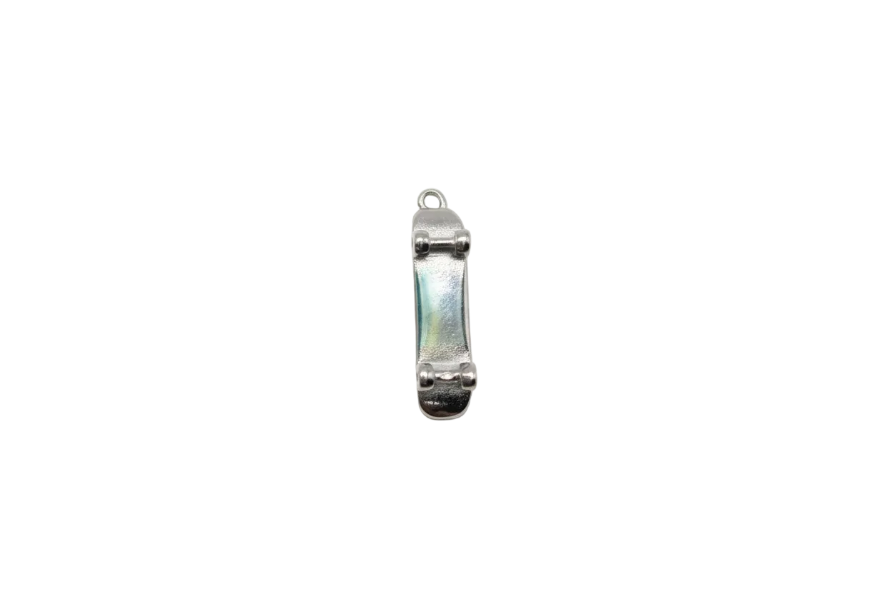 Polished silver miniature skateboard