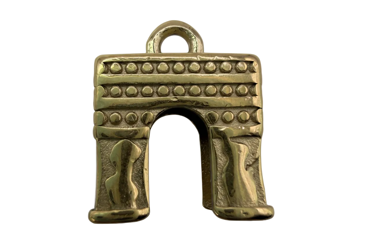 Polished gold riveted archway pendant with studded bands and arched cutout