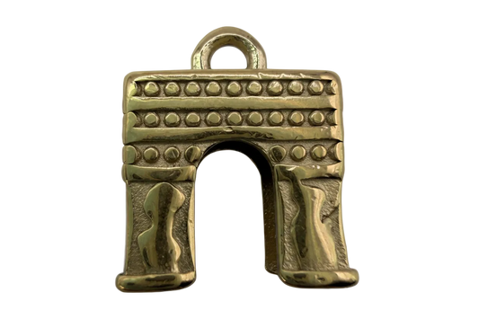 Polished gold riveted archway pendant with studded bands and arched cutout