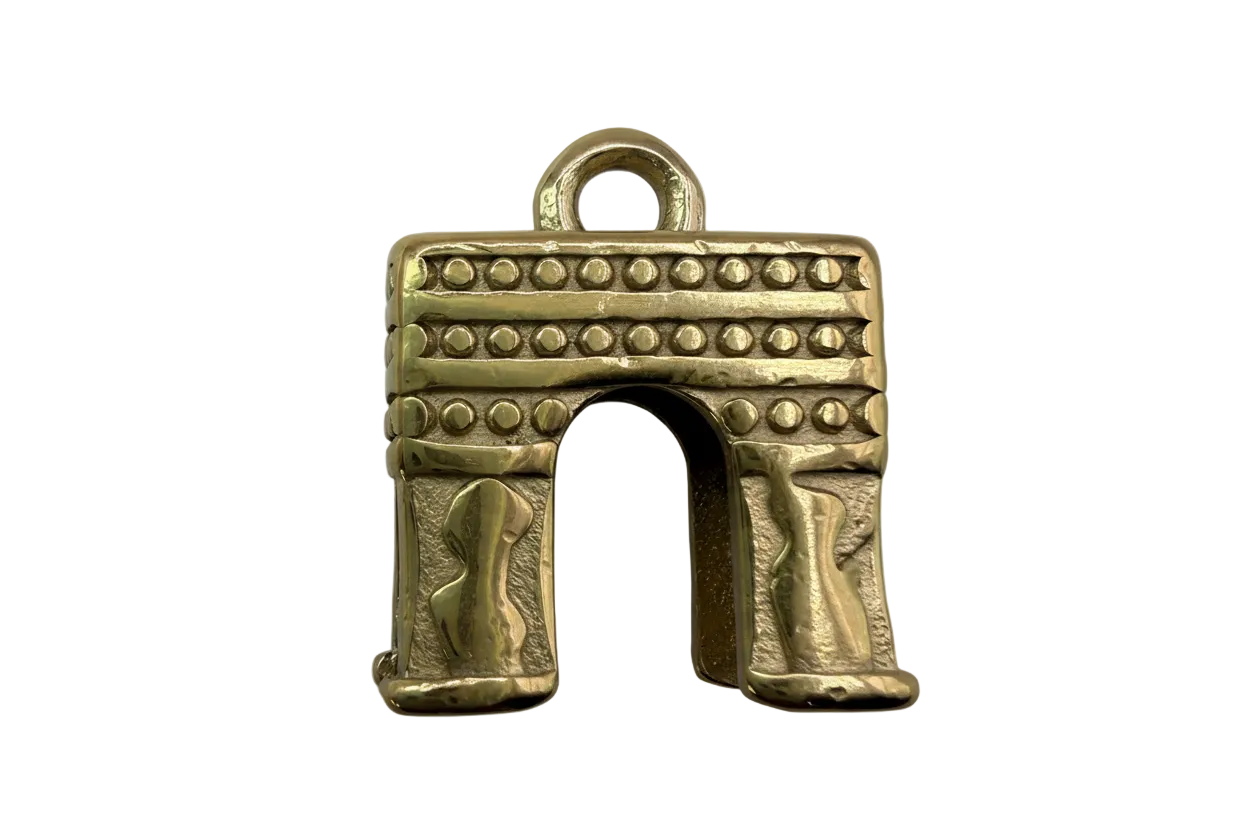 Gold archway monument charm with raised stud details and antiqued textured finish