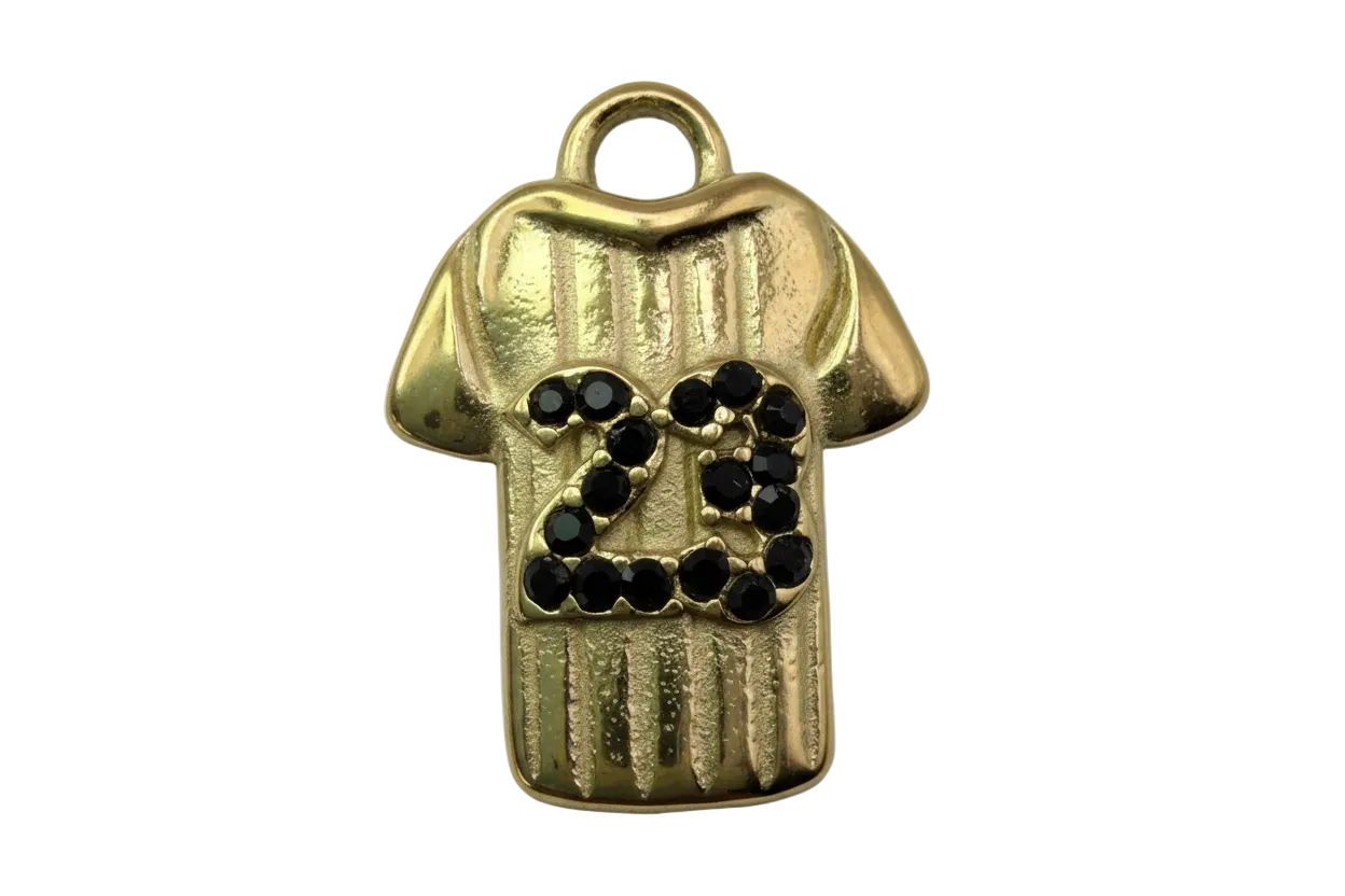 Gold sports jersey charm with black gem number 23 detail