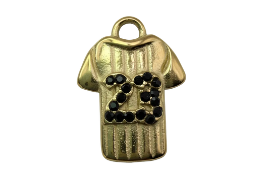 Gold sports jersey charm with black gem number 23 detail