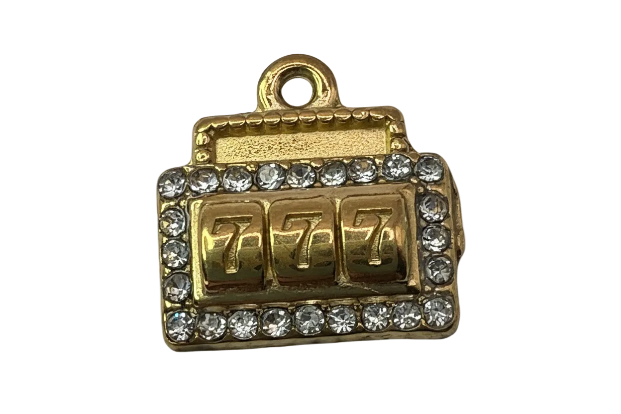 Gold slot machine charm with 777 detail and clear crystal border