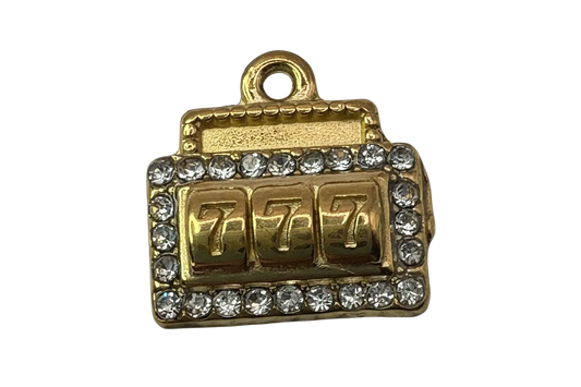 Gold slot machine charm with 777 detail and clear crystal border