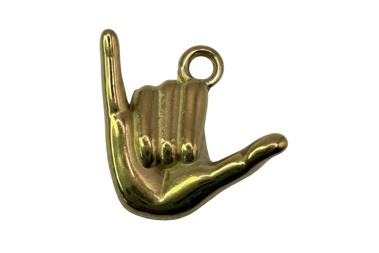 High-polish gold hang loose hand gesture charm with smooth sculpted fingers