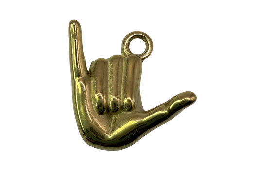 High-polish gold hang loose hand gesture charm with smooth sculpted fingers