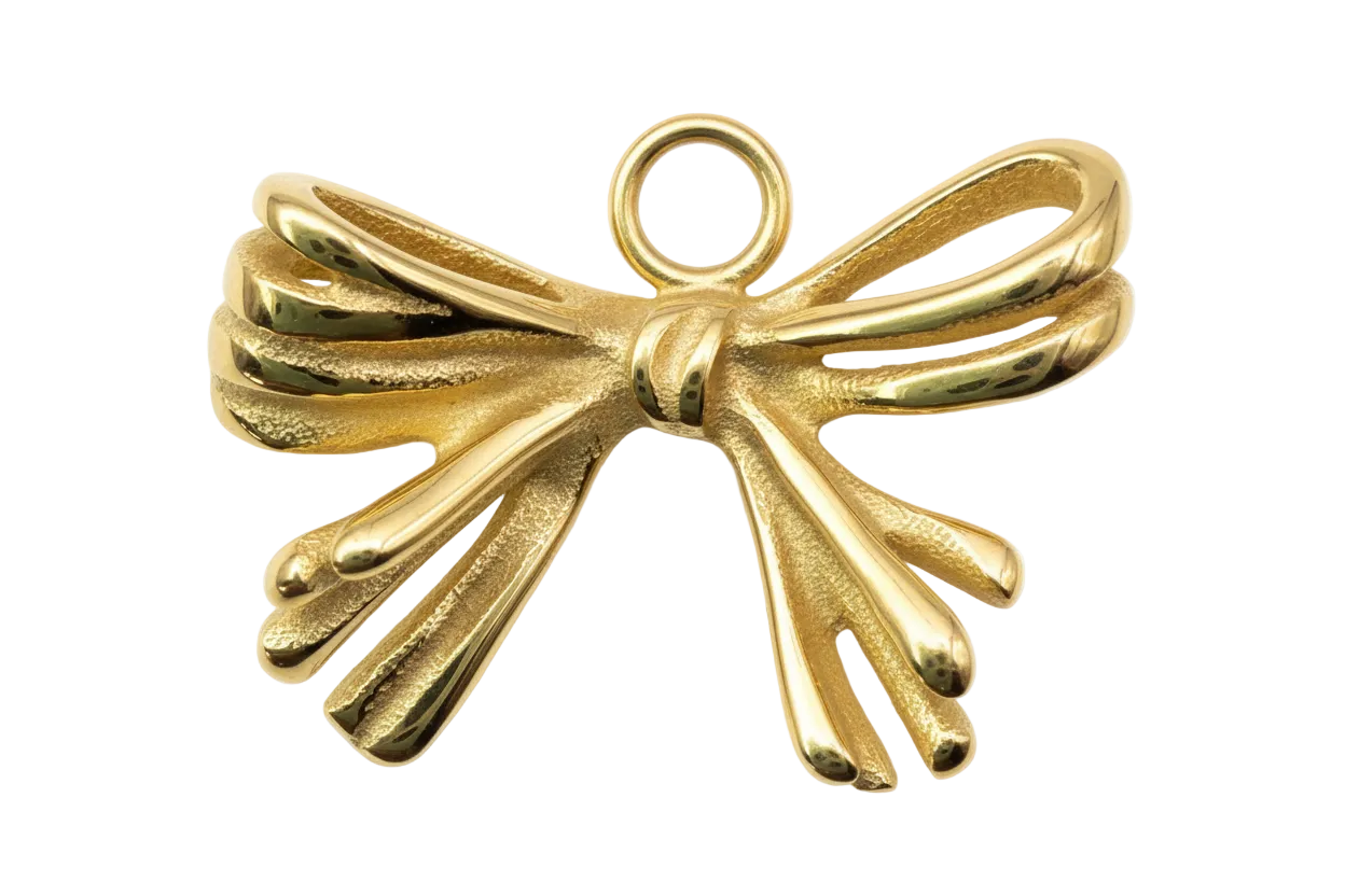 Glossy gold ribbon bow charm with sculpted loops and tapered tails
