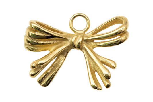 Glossy gold ribbon bow charm with sculpted loops and tapered tails