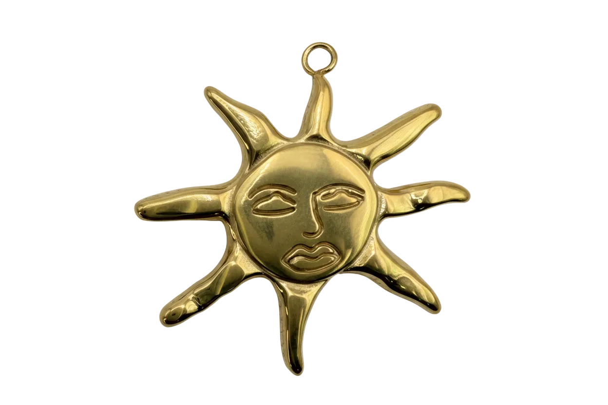 Glossy gold sunburst medallion with embossed face details