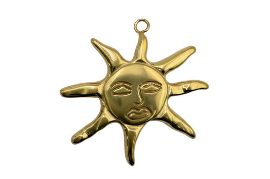 Glossy gold sunburst medallion with embossed face details