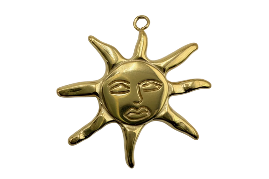 Polished gold sun face charm with radiating rays and sculpted features