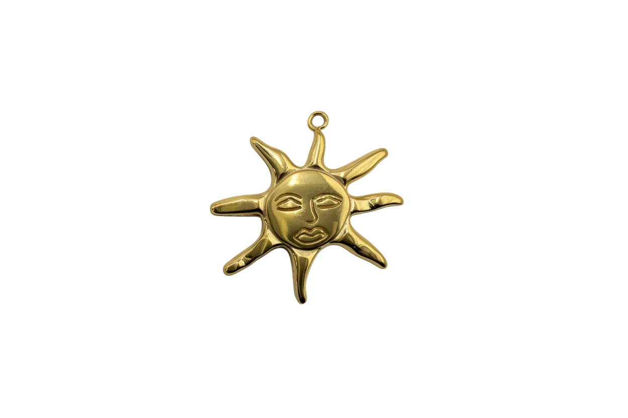 Polished gold sun face with radiating rays