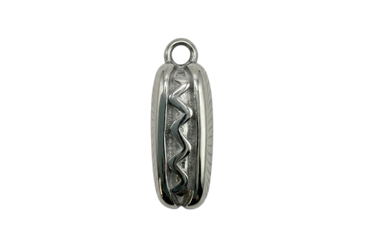 Silver hot dog charm with sculpted bun and wavy center detail, high-polish finish