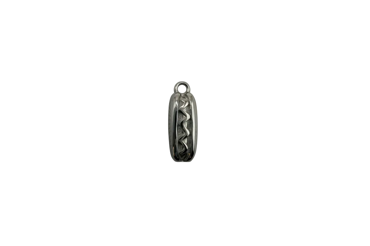 Silver hot dog charm with sculpted bun and wavy center detail