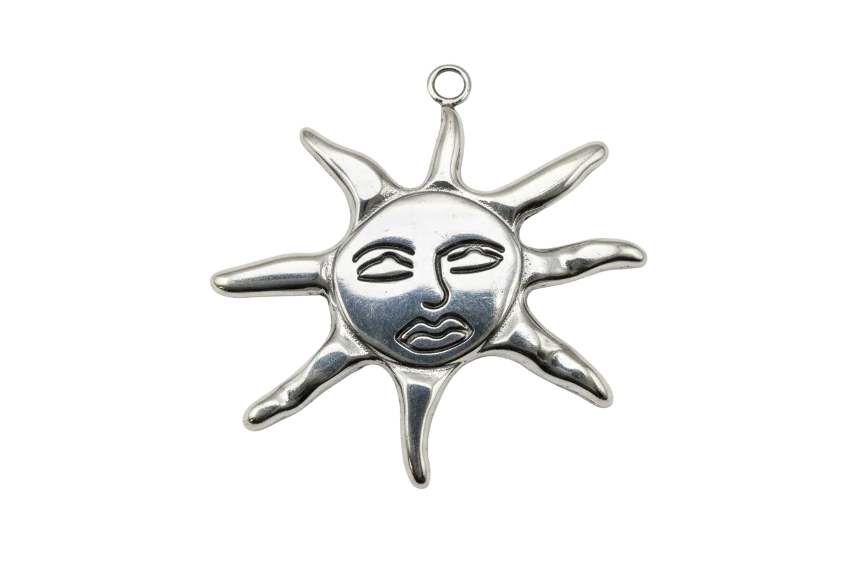 Polished silver sun face pendant with sculpted rays and minimalist facial details