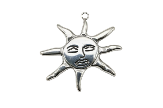 Polished silver sun face pendant with sculpted rays and minimalist facial details