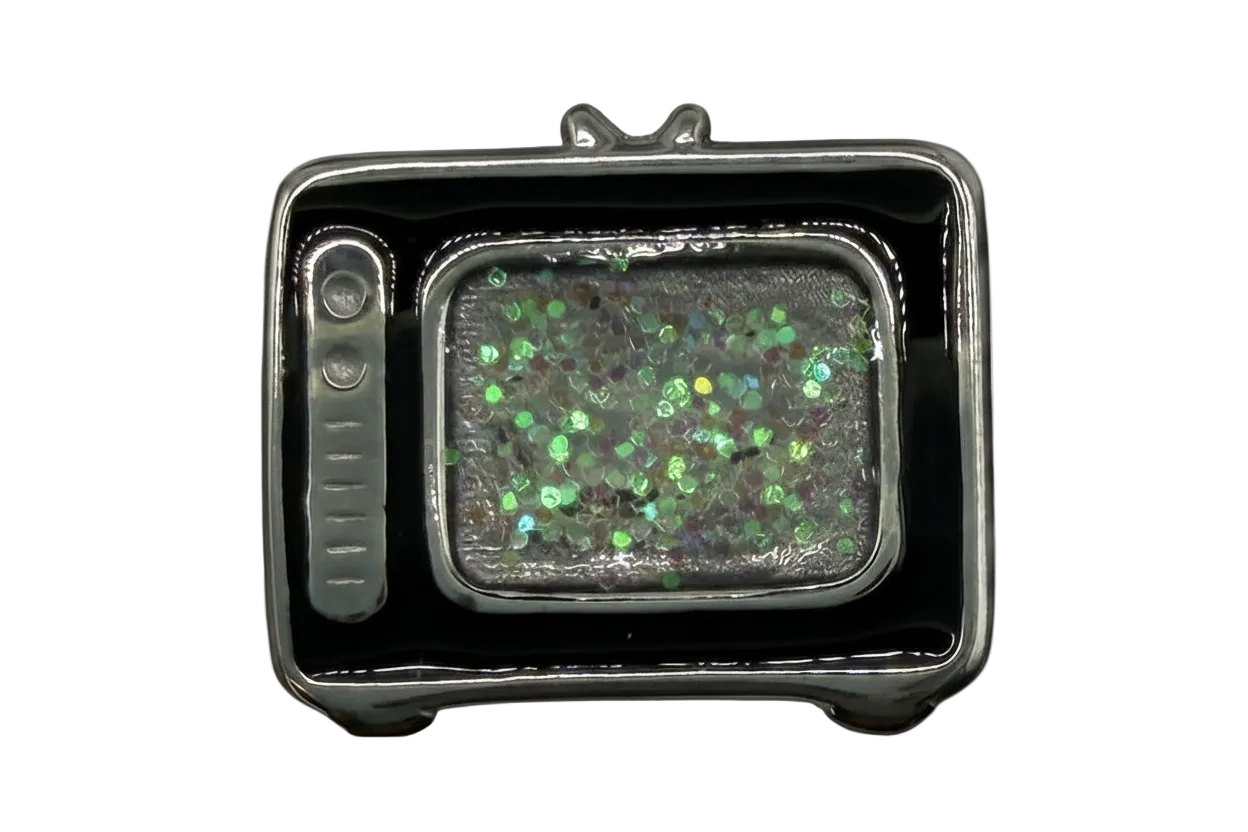 Silver and black retro television charm with an iridescent glitter screen