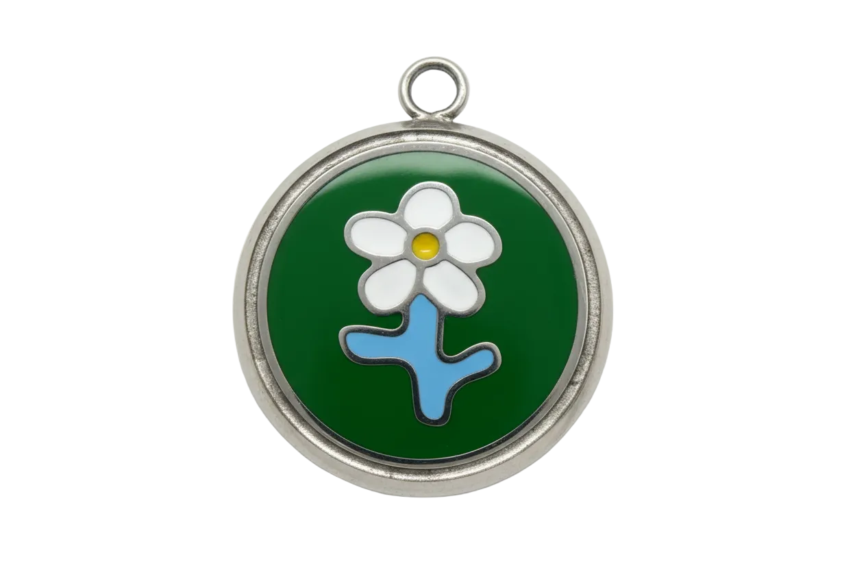 Round silver medallion with green enamel background and white flower with yellow center and blue stem