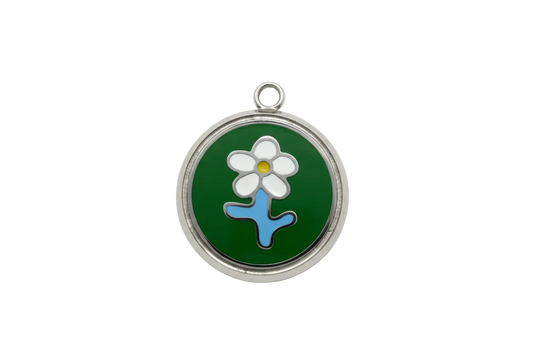Round silver-tone charm with white daisy on glossy green enamel, yellow center and blue stem