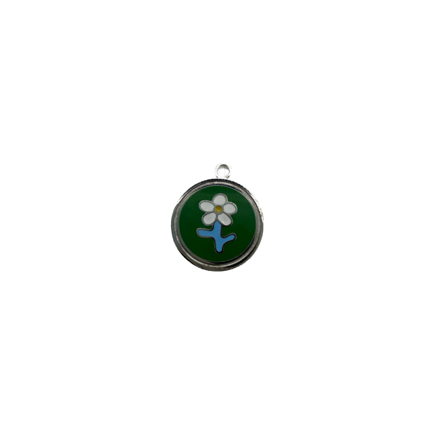 Silver-tone daisy on glossy green round enamel charm