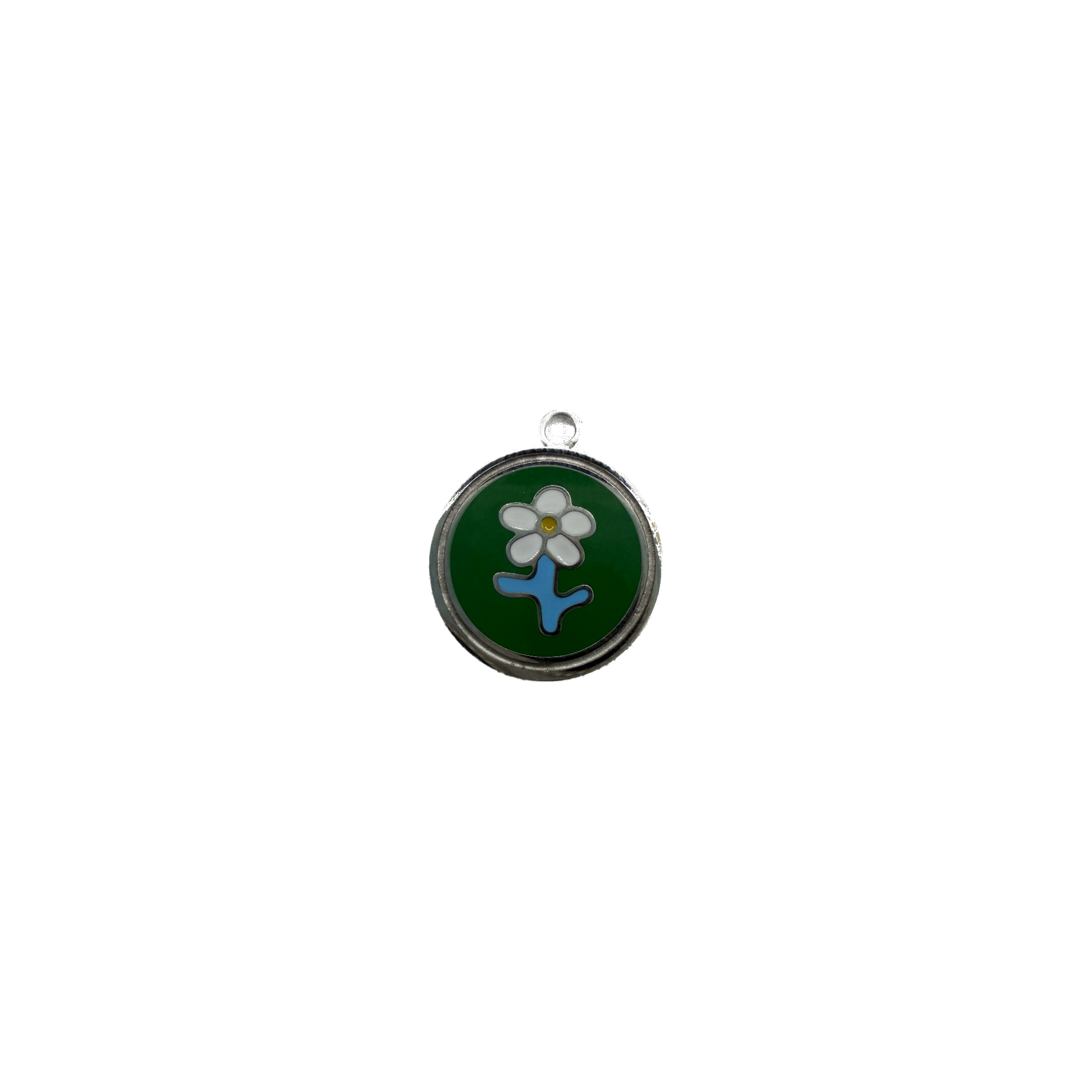 Silver-tone daisy on glossy green round enamel charm