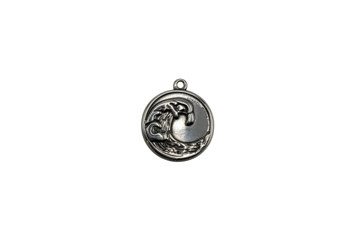 Silver-toned mushroom and crescent moon medallion, antiqued finish
