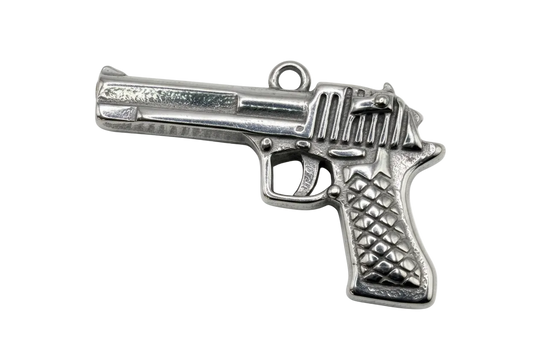 Polished silver pistol-shaped charm with textured grip and engraved detail