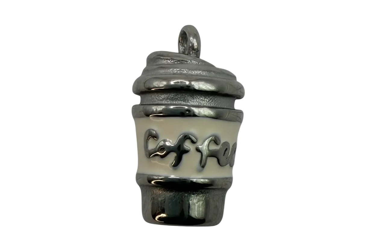 Polished silver takeaway coffee cup with white band and raised coffee lettering