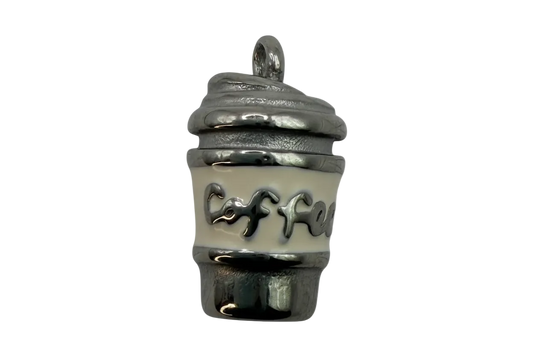 Polished silver takeaway coffee cup with white band and raised coffee lettering