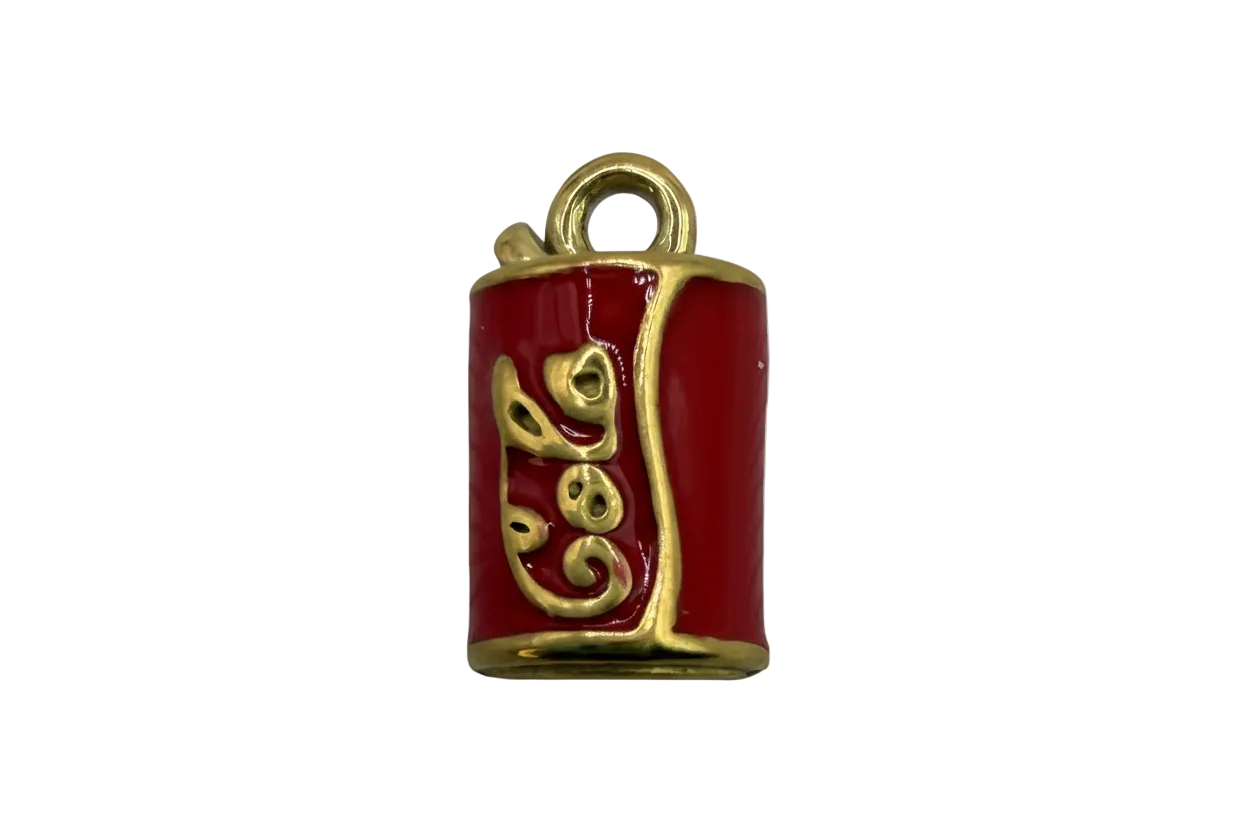 Glossy red soda can charm with raised gold lettering and gold trim