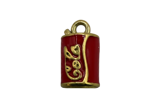 Glossy red soda can charm with raised gold lettering and gold trim
