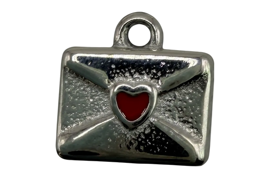 Polished silver envelope charm with textured finish and a glossy red heart seal