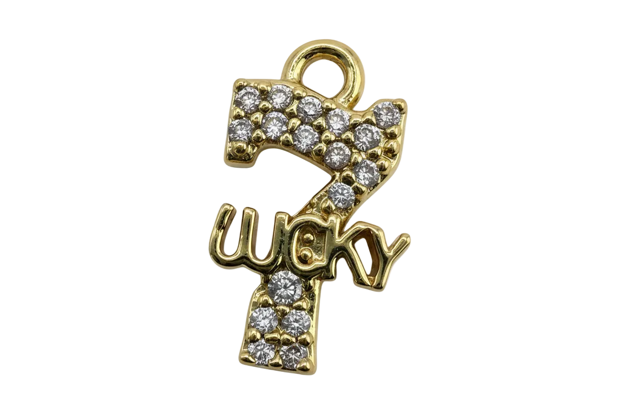 Gold lucky number 2 charm with raised “lucky” script and pavé clear crystals