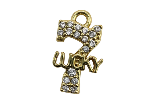 Gold lucky number 2 charm with raised “lucky” script and pavé clear crystals