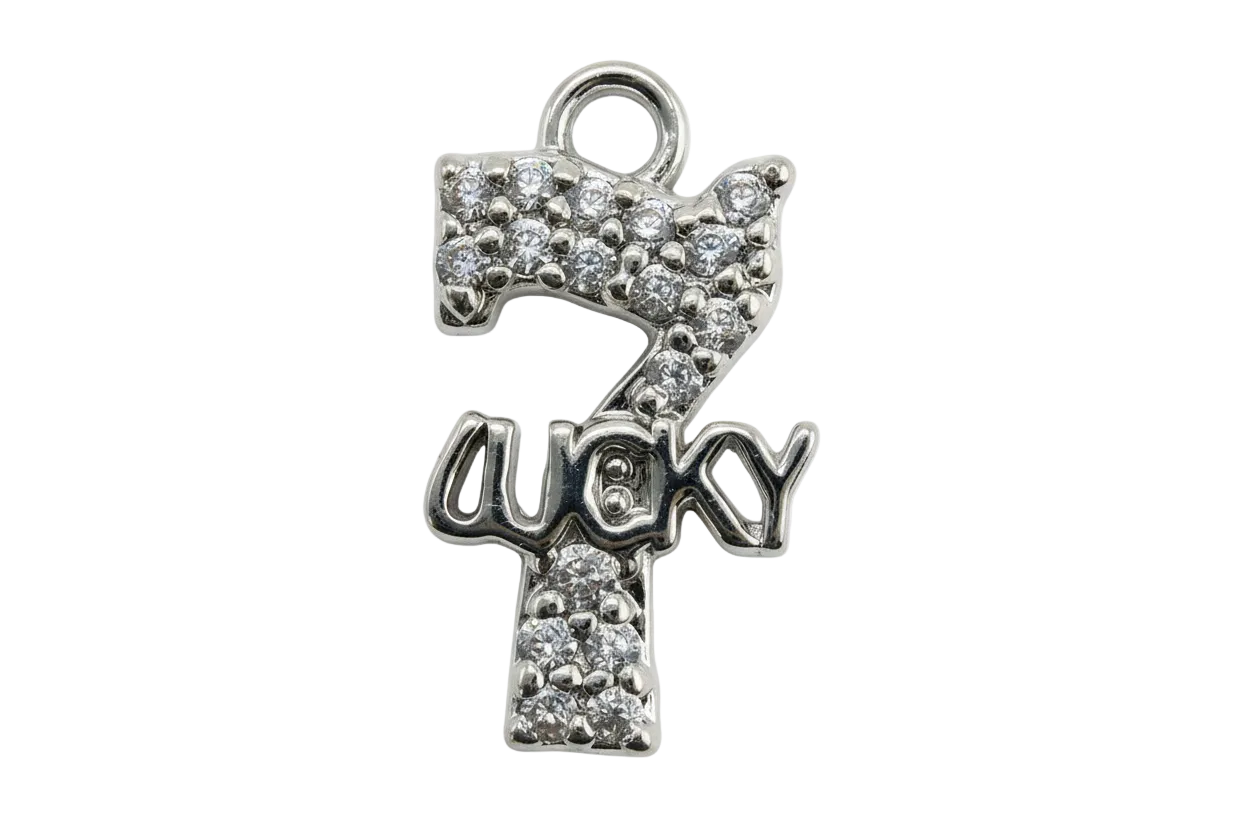 Silver lucky 7 charm with clear pavé crystals and raised "lucky" lettering