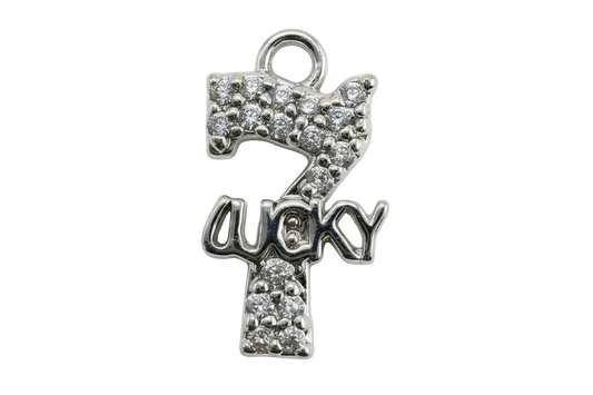 Silver lucky 7 charm with clear pavé crystals and raised "lucky" lettering