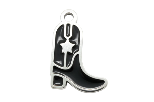 Silver cowboy boot charm with glossy black enamel and star spur detail