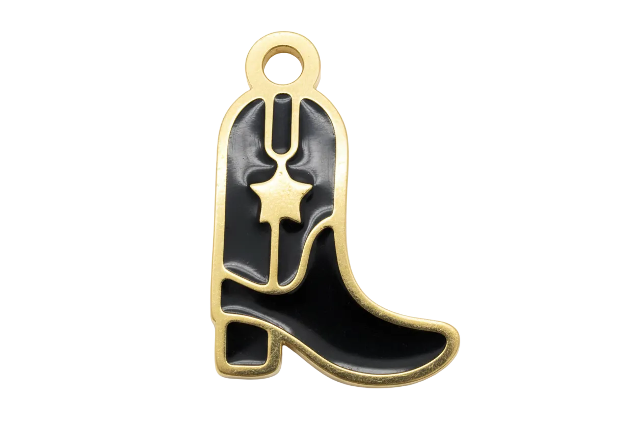 Black enamel cowboy boot with gold outline and star detail