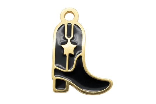 Black enamel cowboy boot with gold outline and star detail