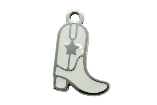 White enamel cowboy boot charm with dark metal outline and star cutout detail