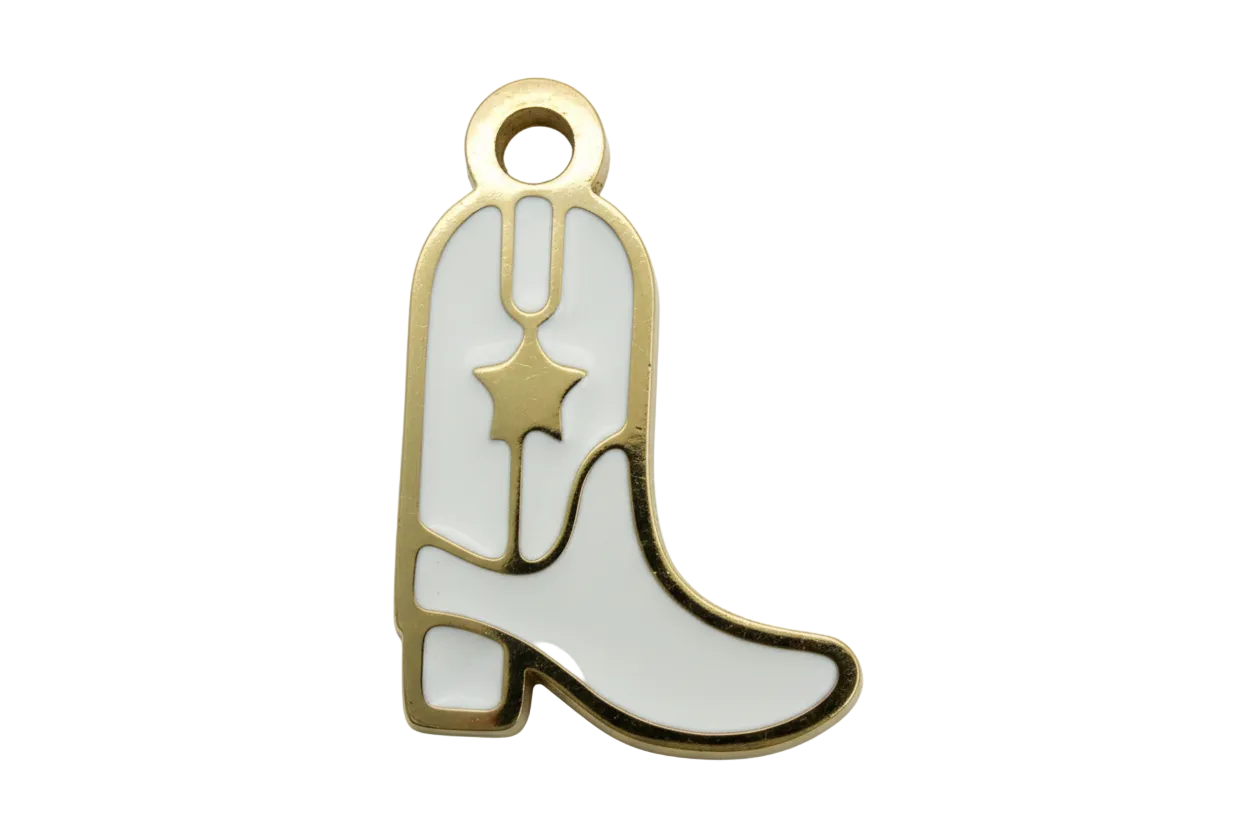 White enamel cowboy boot with gold outline and small star detail