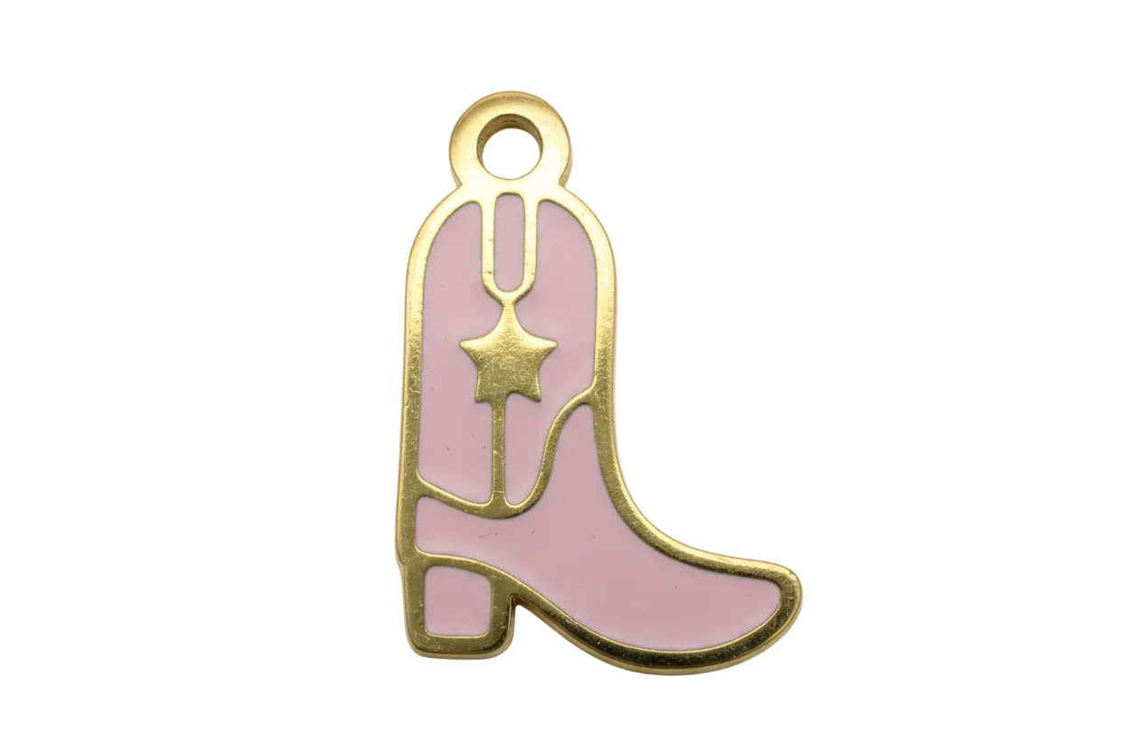 Pink cowboy boot charm with glossy enamel fill and gold outline
